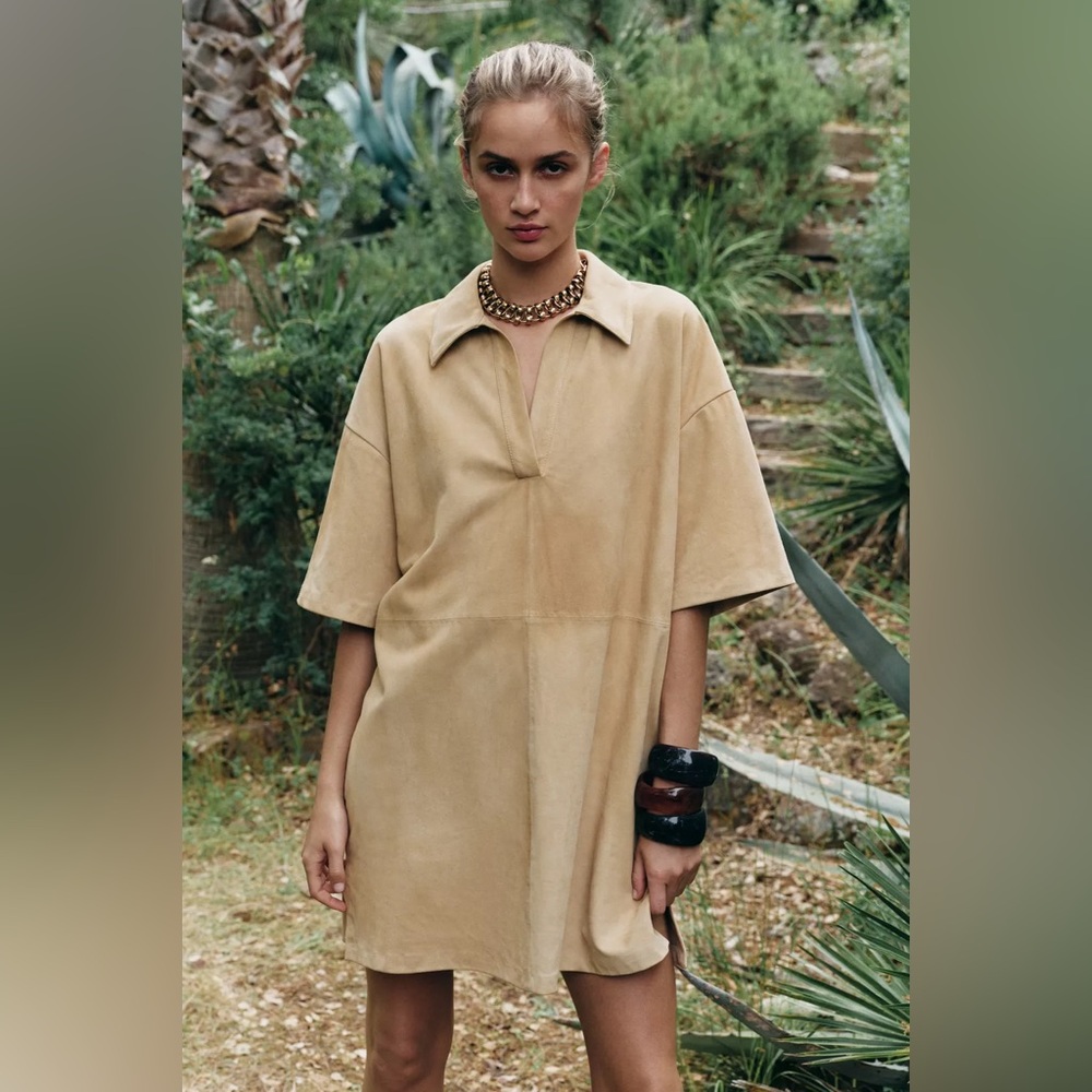 Zara Tan Natural Leather Suede Shirt Dress